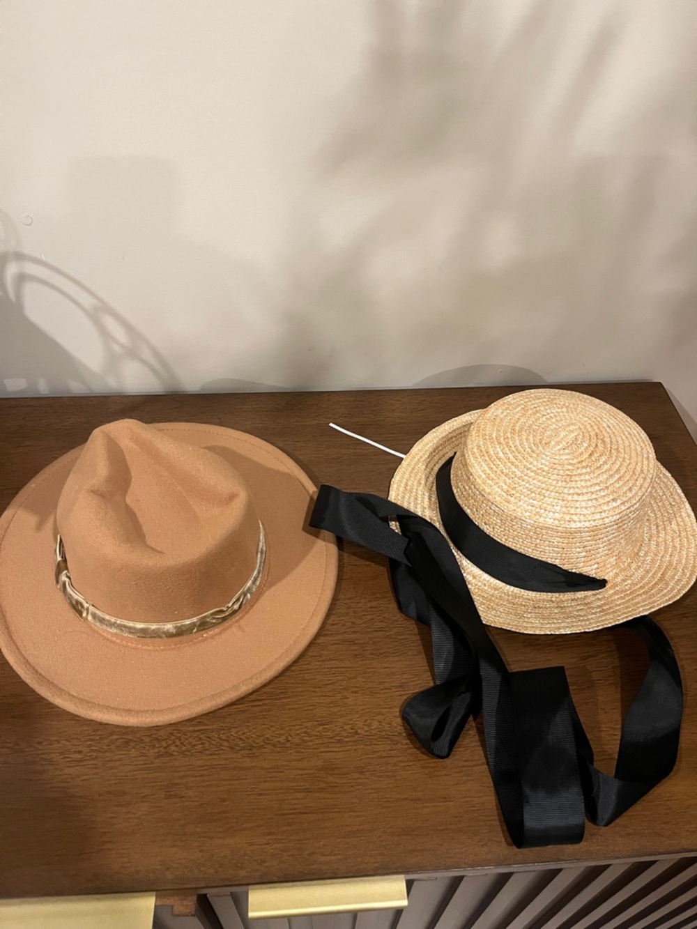 Pack of Two Hats - Tan Wool Fedora & Natural Straw Boater with Black Ribbon